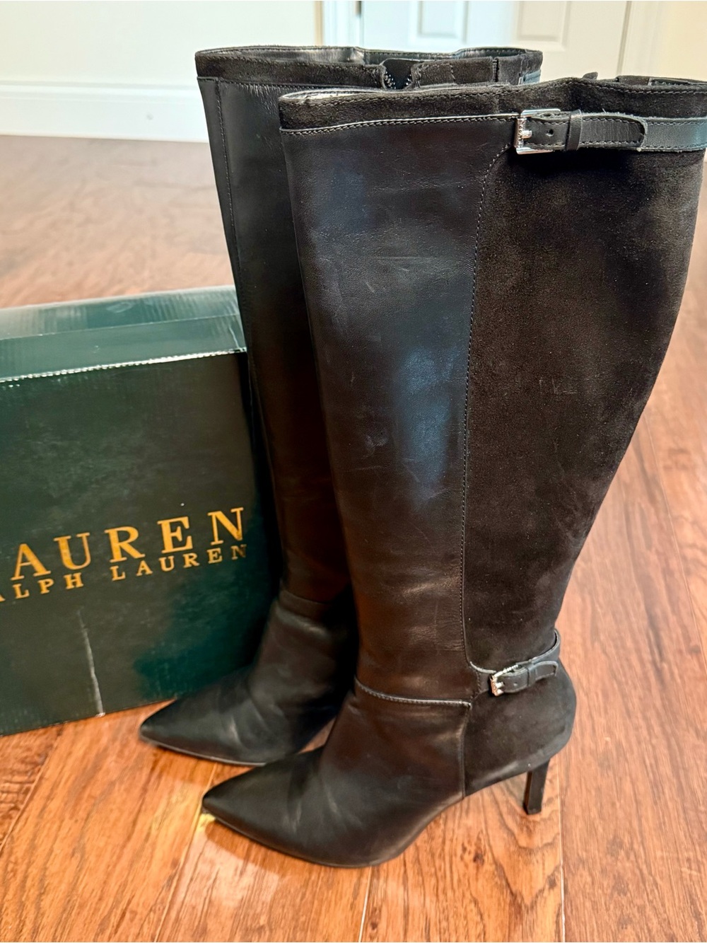 Lauren Ralph Lauren Black Leather & Suede Pointed Toe Boots